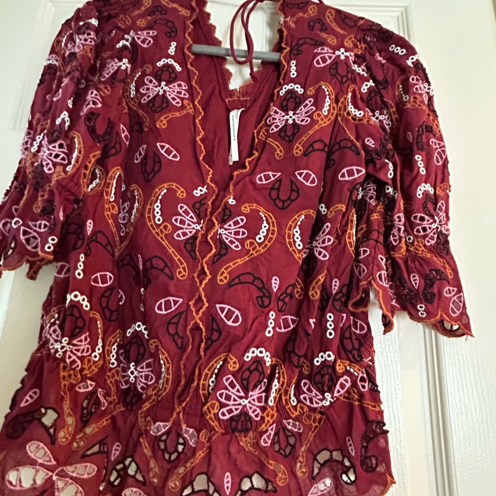 Anthropologie Burgundy and Pink Embroidered Blouse